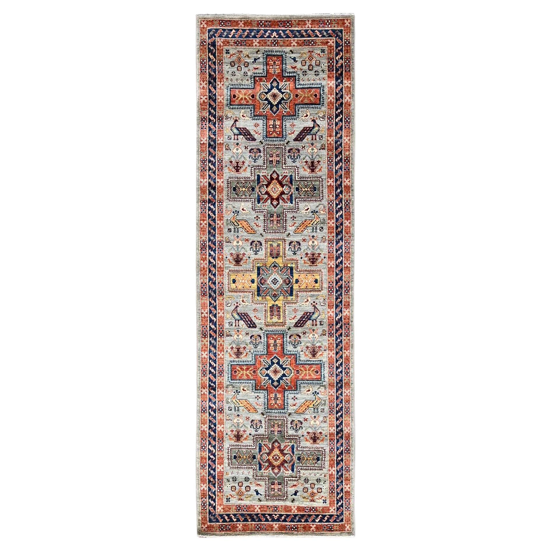 2'9 "x8' Tapis de course en laine nouée à la main d'inspiration arménienne et de design caucasien gris