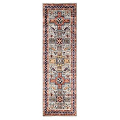 2'9 "x8' Tapis de course en laine nouée à la main d'inspiration arménienne et de design caucasien gris