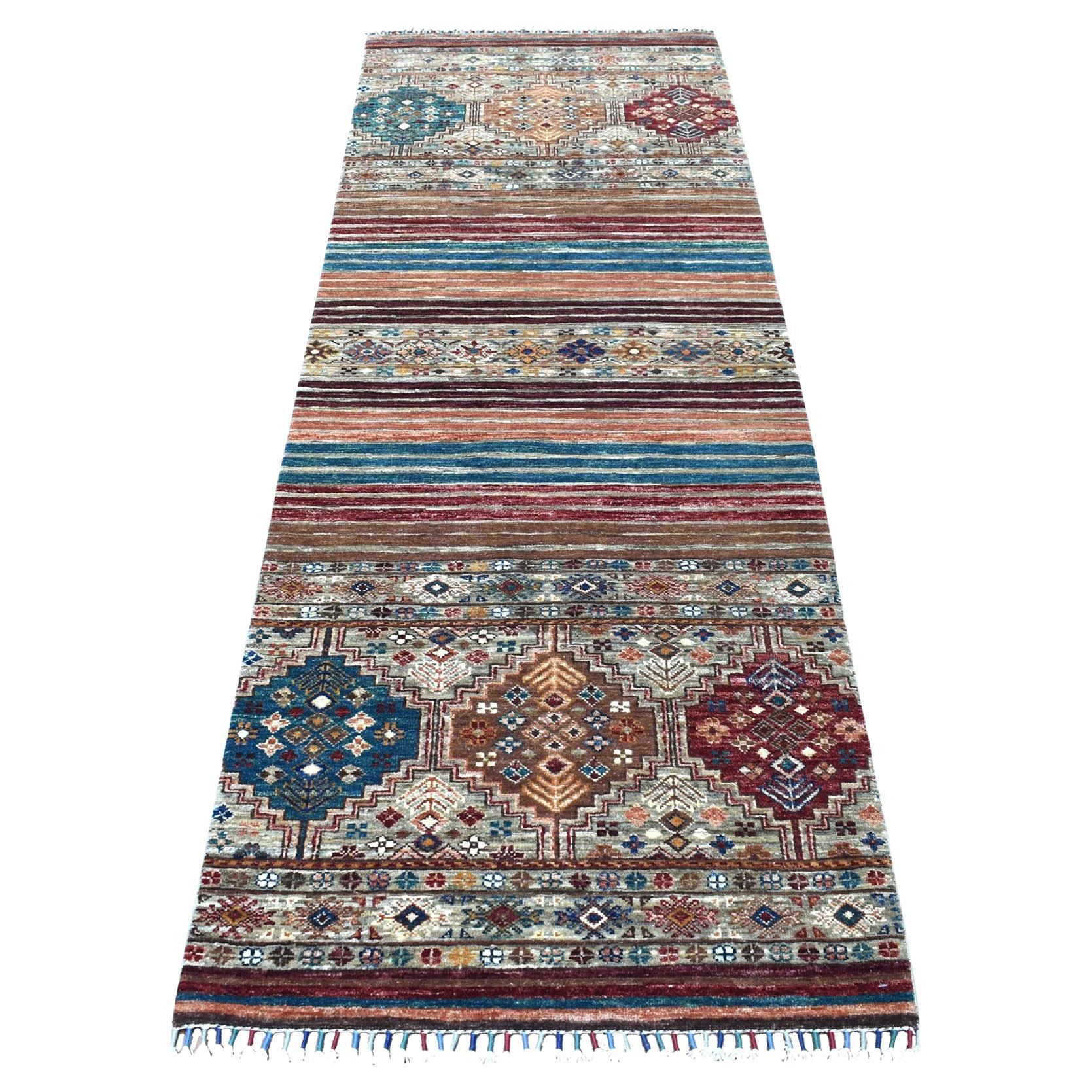 2'9"x8' Hand Knotted Gray Super Kazak Khorjin Design Pure Wool Runner Rug