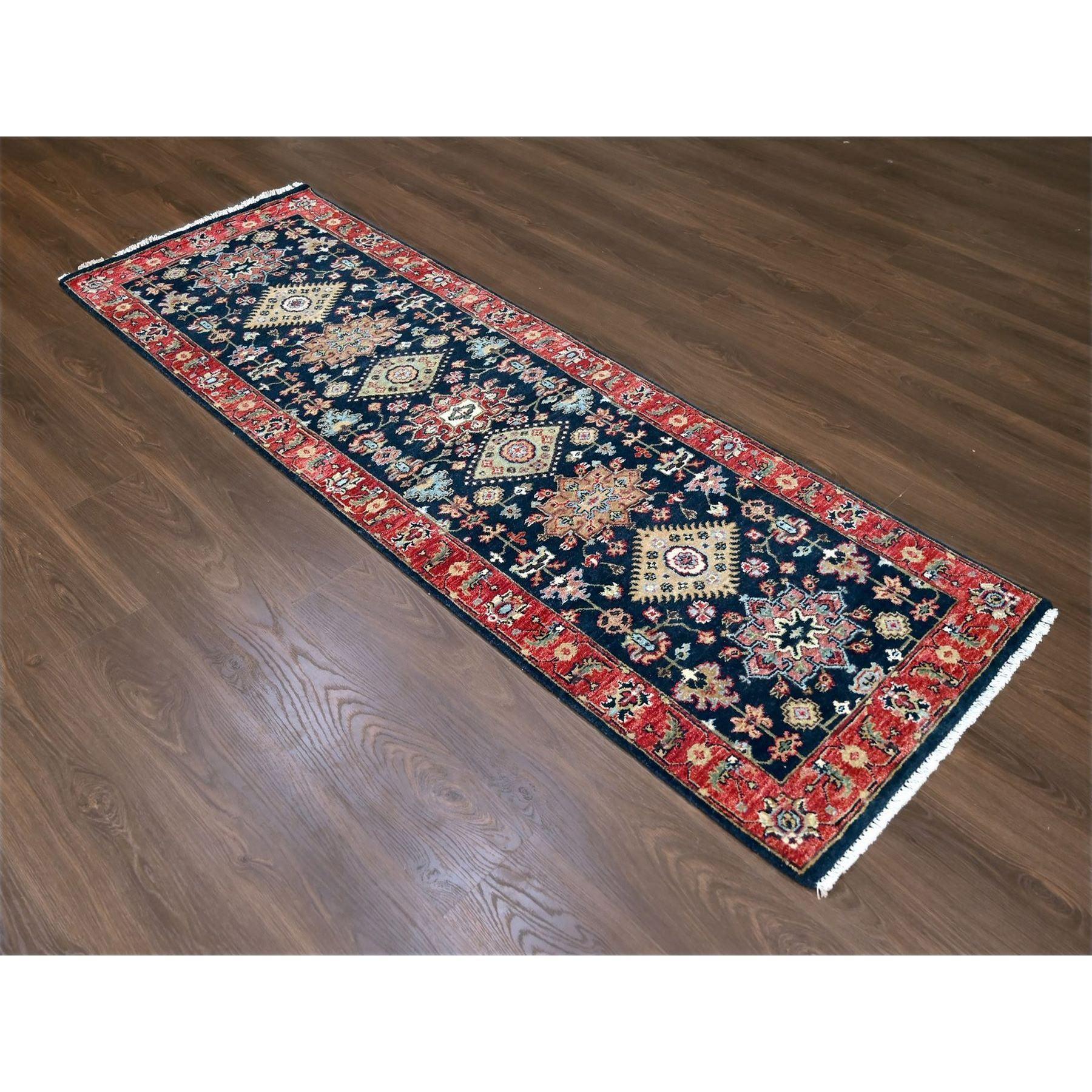 Denim Blue, Karajeh Design with Tribal Medallions, Hand Knotted, 100% Wool, Runner, Oriental Rug
Primary materials: Wool
Latex: No Pile 
height: 0.25 Inches
Style: Traditional
Primary color: Blue
Secondary colors: Green, Light Blue, Yellow, Brown,