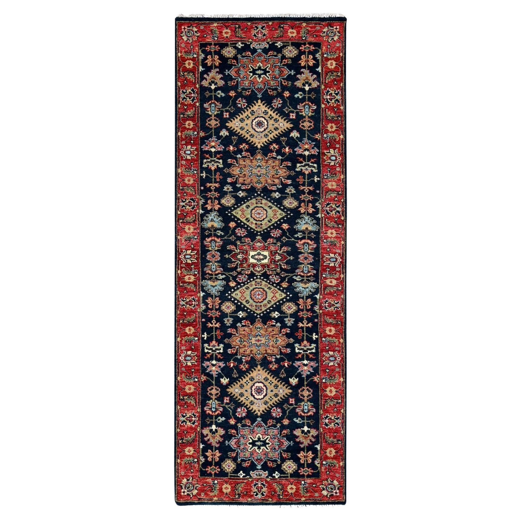 2
9"x8
Navy Blue Karajeh Design Tribal Medallion Hand Knotted Wool Runner Rug