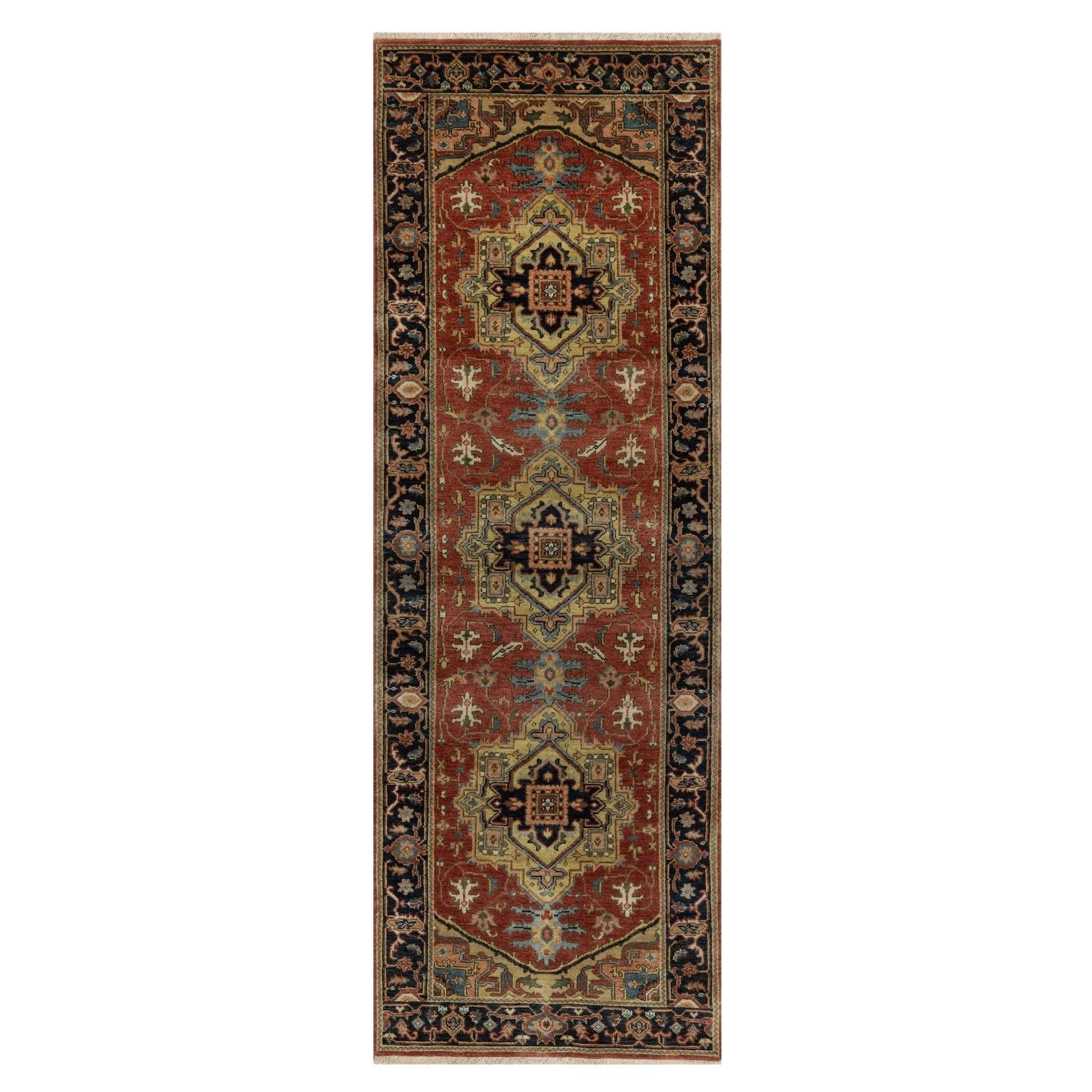 2'9"x8' Red Heriz Revival with Medallion Design Hand Knotted Wool Runner Rug