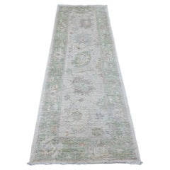2'9"x8' White Hand Knotted Afghan Angora Oushak Leaf Pattern Wool Runner Rug