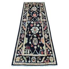 2'9"x8'1" Black Hand Knotted Pure Wool Afghan Angora Oushak Runner Oriental Rug