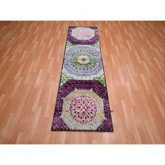 2'9"x8'1" Red with Yellow Sari Silk with Textured Wool Mamluk Design Runner Rug