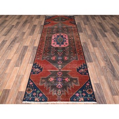 2'9"x8'10" Red Vintage Persian Hamadan Hand Knotted Wool Runner Oriental Rug