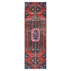 2'9"x8'10" Red Vintage Persian Hamadan Hand Knotted Wool Runner Oriental Rug