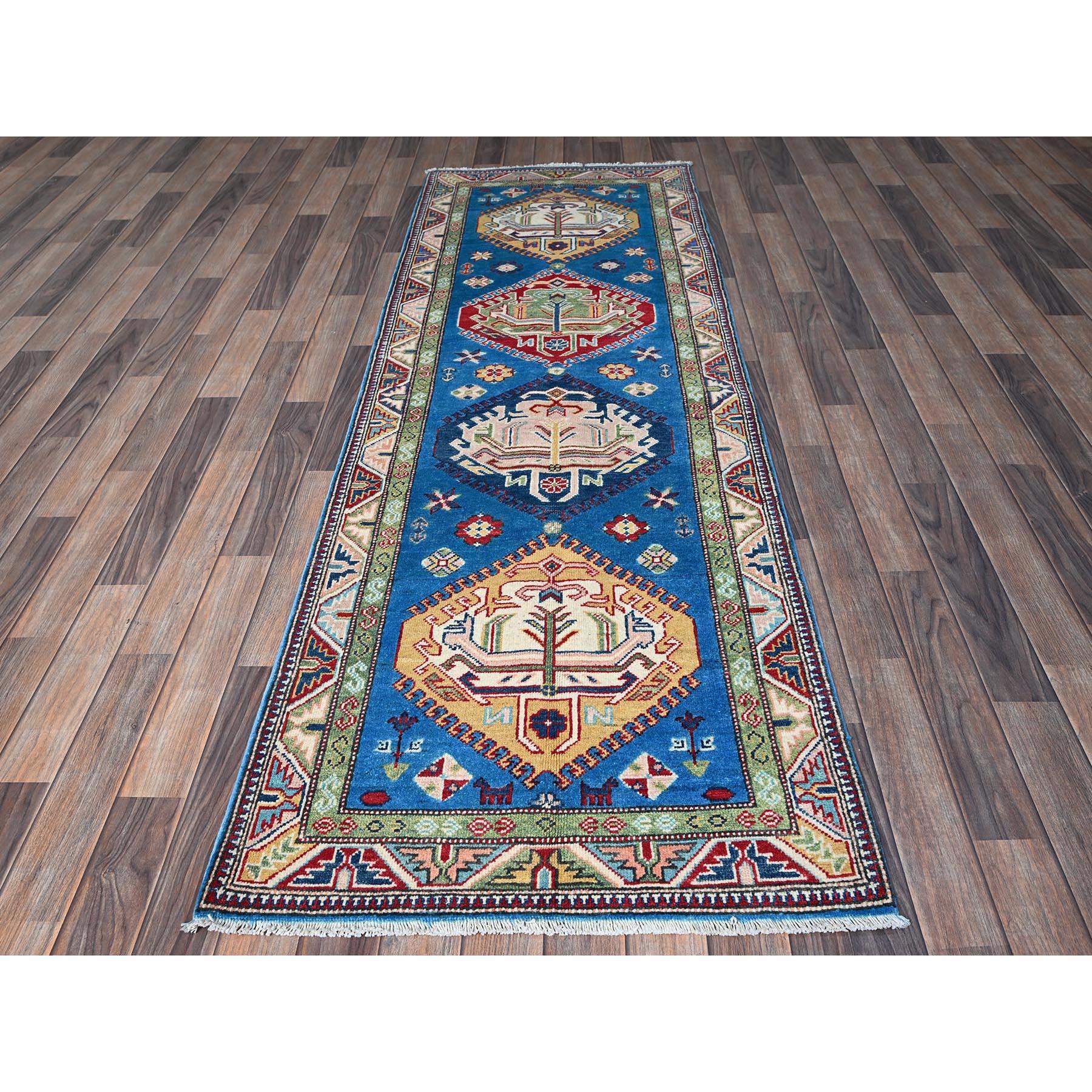 Bayern Blue, Kazak with Tribal Medallions Design, Hand Knotted, Soft and Velvety Wool, Denser Weave, Vegetable Dyes, Runner, Oriental Rug
Primary materials: Wool
Latex: No Pile 
height: 0.25 Inches
Style: Traditional
Primary color: Blue
Secondary