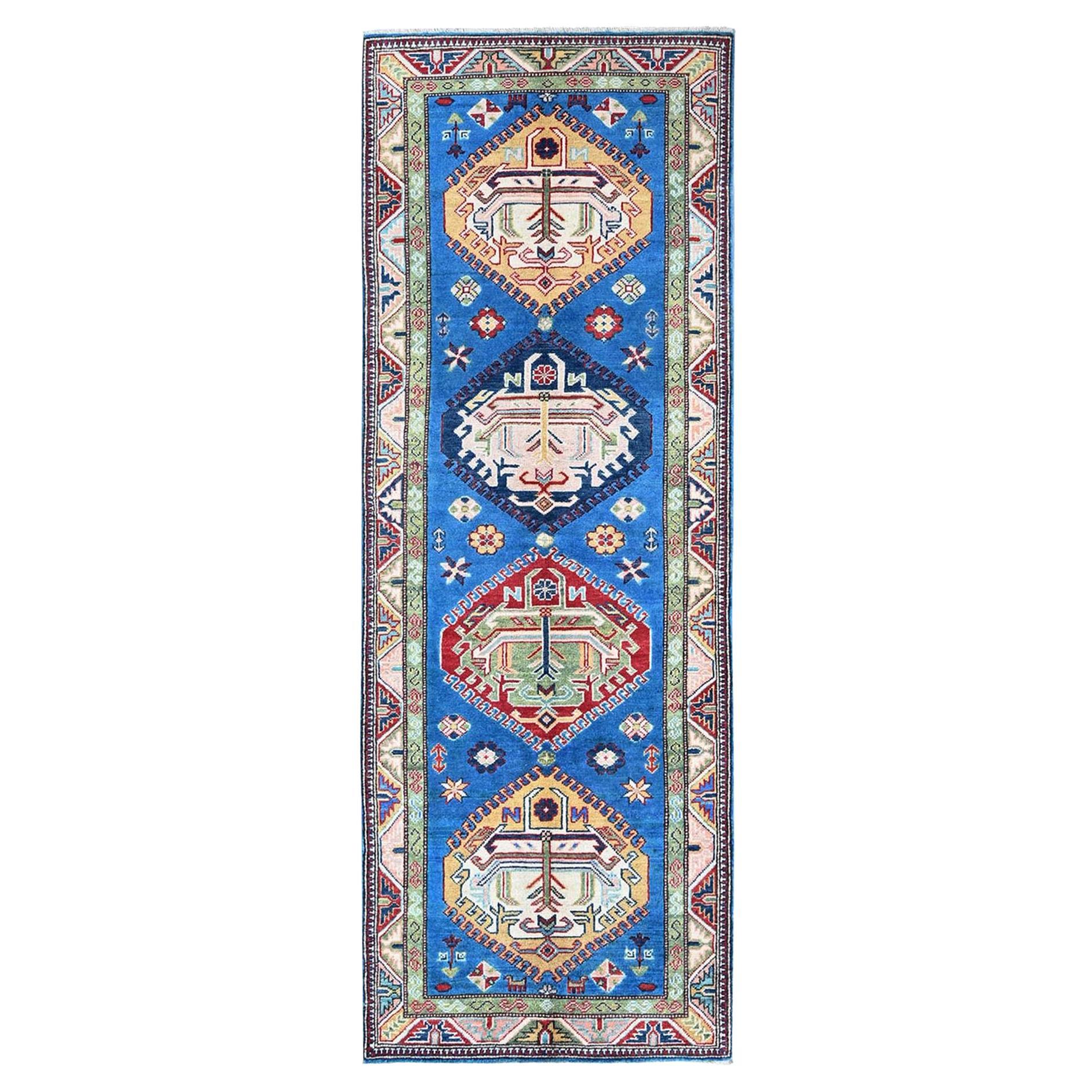 2'9"x8'2" Blue Kazak with Tribal Medallions Design Hand Knotted Wool Runner Rug
