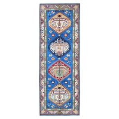 2'9"x8'2" Blue Kazak with Tribal Medallions Design Hand Knotted Wool Runner Rug