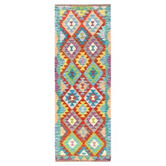 2'9"x8'2" Colorful Afghan Kilim Geometric Pattern Hand Woven All Wool Runner Rug
