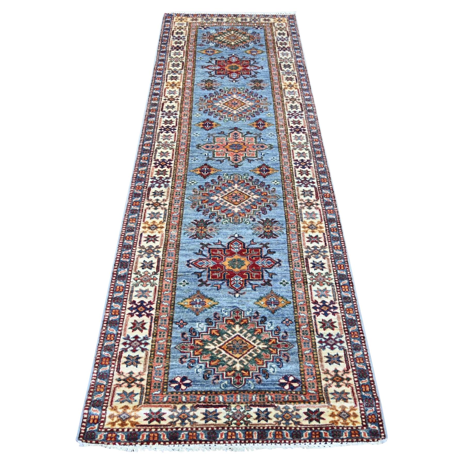 2'9"x8'3" Cerulean Blue Afghan Super Kazak Geometric Medallions Wool Runner Rug