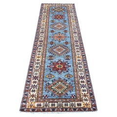 2'9"x8'3" Cerulean Blue Afghan Super Kazak Geometric Medallions Wool Runner Rug
