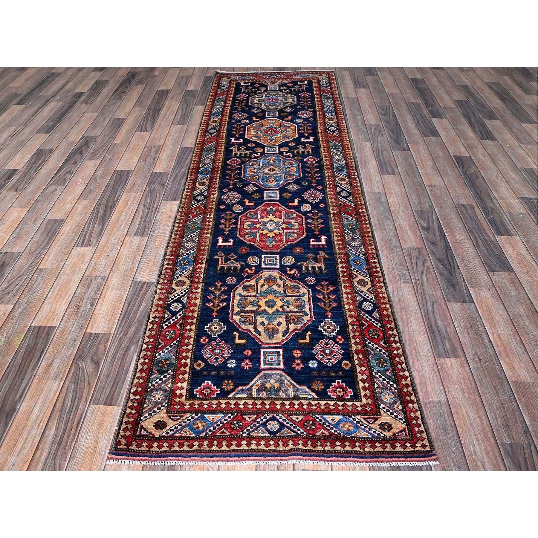 Opal Blue, Afghan Ersari with Turkish Knot, Caucasian Design Revival, Small Animal Figurines, Vegetable Dyes, Densely Woven, Hand Knotted, Soft Wool, Runner, Oriental Rug
Primary materials: Wool
Latex: No Pile 
height: 0.25 Inches
Style: