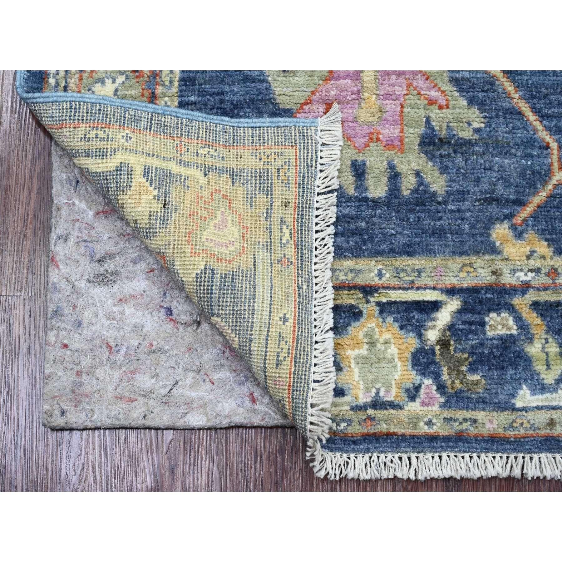 Bayern Blue, Afghan Angora Oushak with Floral Pattern, Veggie Dyes, Hand Knotted, 100% Wool, Runner, Oriental Rug
Primary materials: Wool
Latex: No Pile 
height: 0.25 Inches
Style: Transitional
Primary color: Blue
Secondary colors: Pink, Green,