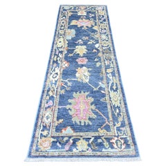 2'9"x8'6" Blue Afghan Angora Oushak Floral Pattern Hand Knotted Wool Runner Rug