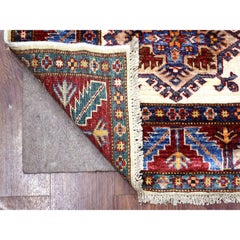 2'9"x8'6" Ivory Soft Wool Hand Knotted, Afghan Super Kazak, Runner Rug