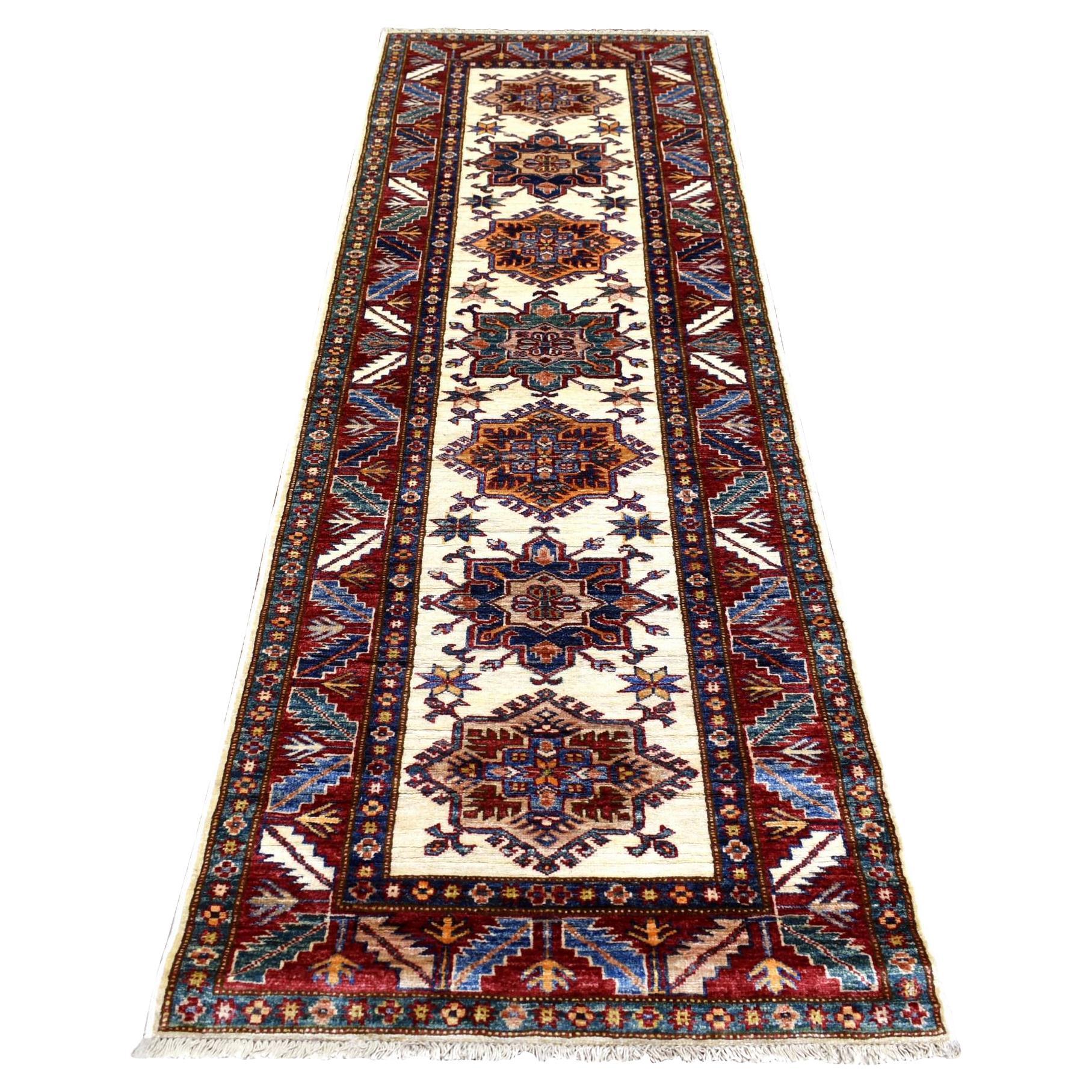 2
9"x8
6" Ivory Soft Wool Hand Knotted, Afghan Super Kazak, Runner Rug