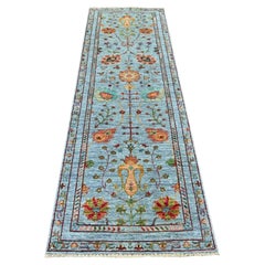 2'9"x8'6" Light Blue 100% Wool Fine Afghan Sultani All Over Design Runner Rug