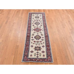 2'9"x8'7" Bone White Afghan Super Kazak Tribal Design Hand Knotted Wool Rug