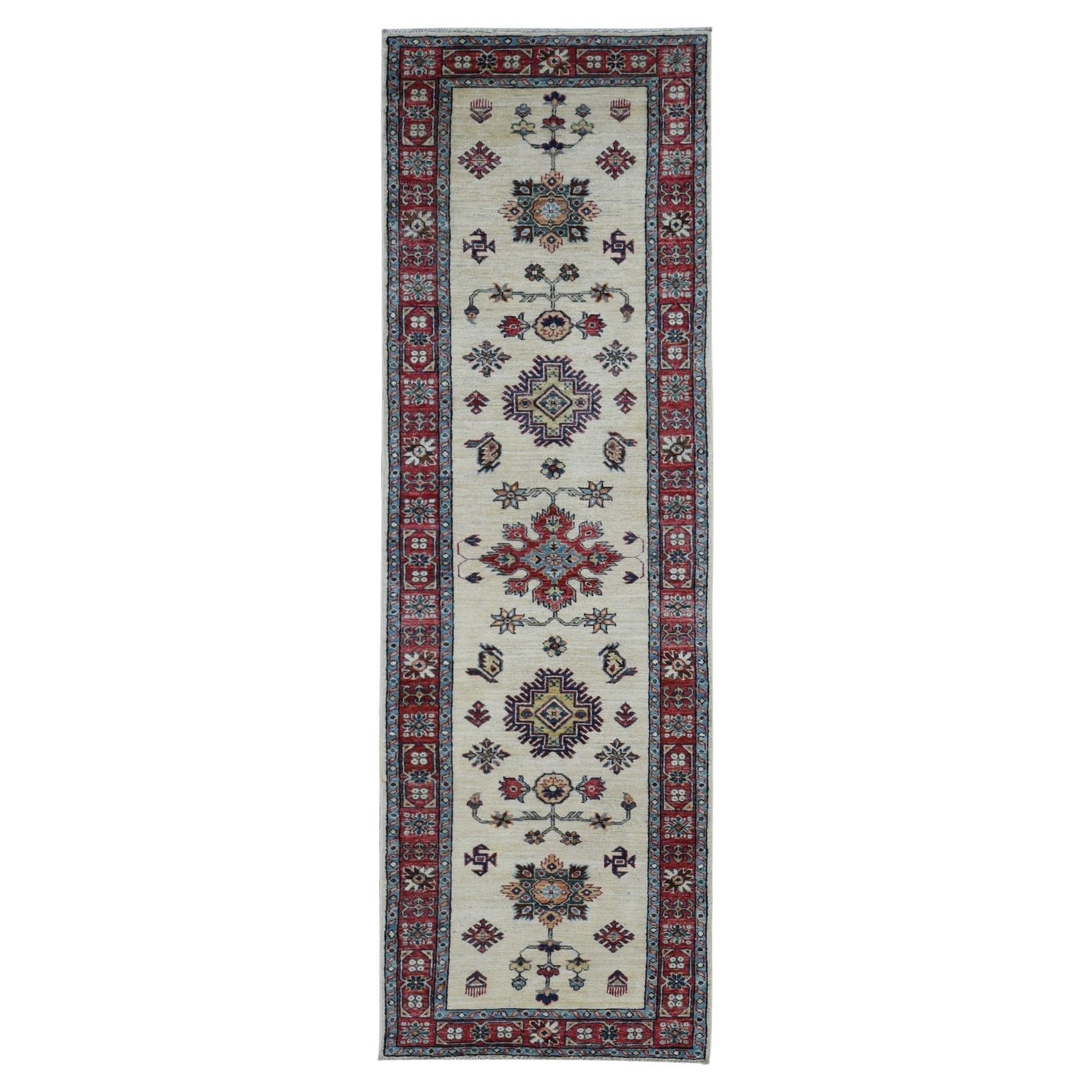 2
9 "x8
7" Knochenweißer afghanischer Super-Kazak-Stammesdesign-Teppich aus handgeknüpfter Wolle