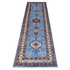 2'9 "x8'8" Copen Azul Super Kazak Medallones Anudados a Mano Alfombra Corredera 100% Lana