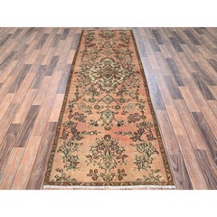 2'9"x8'8" Peach Color Vintage Persian Lilahan Hand Knotted Pure Wool Runner Rug