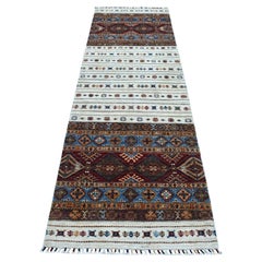 Tapis de course Khorjin Design Super Kazak géométrique noué à la main ivoire 2'9"x9'