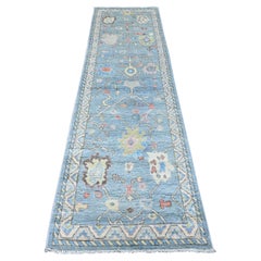Tappeto Runner in lana annodato a mano 2'9 "x9'10" blu Afghan Angora Oushak Floral Design