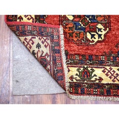 2'9"x9'10" Coral Red Hand Knotted Turkeman Ersari Pure Wool Oriental Runner Rug