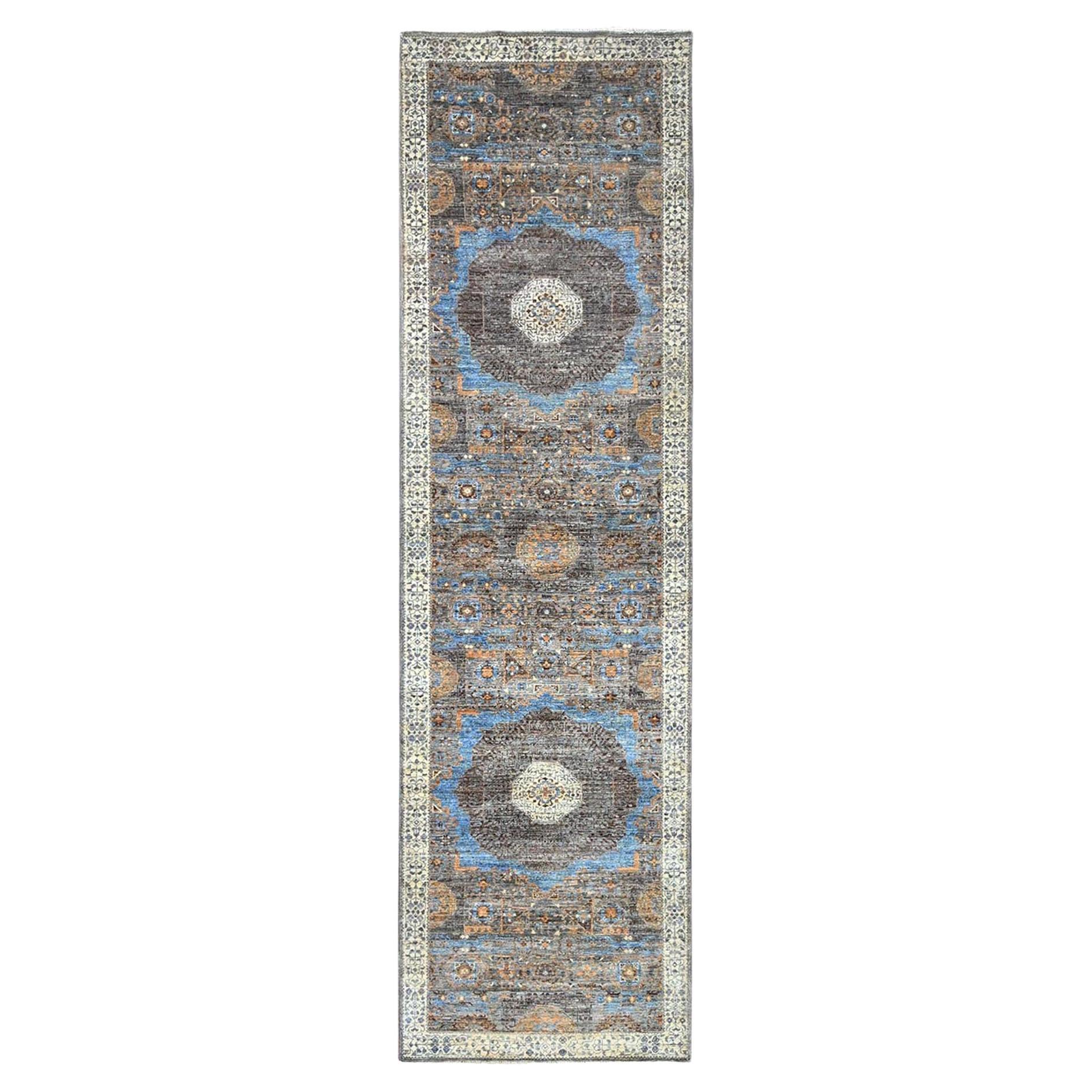 Tappeto orientale 2'9 "x9'10" grigio annodato a mano 200 Knots Rugs Mamluke Dynasty Wool Runner