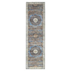 Tappeto orientale 2'9 "x9'10" grigio annodato a mano 200 Knots Rugs Mamluke Dynasty Wool Runner