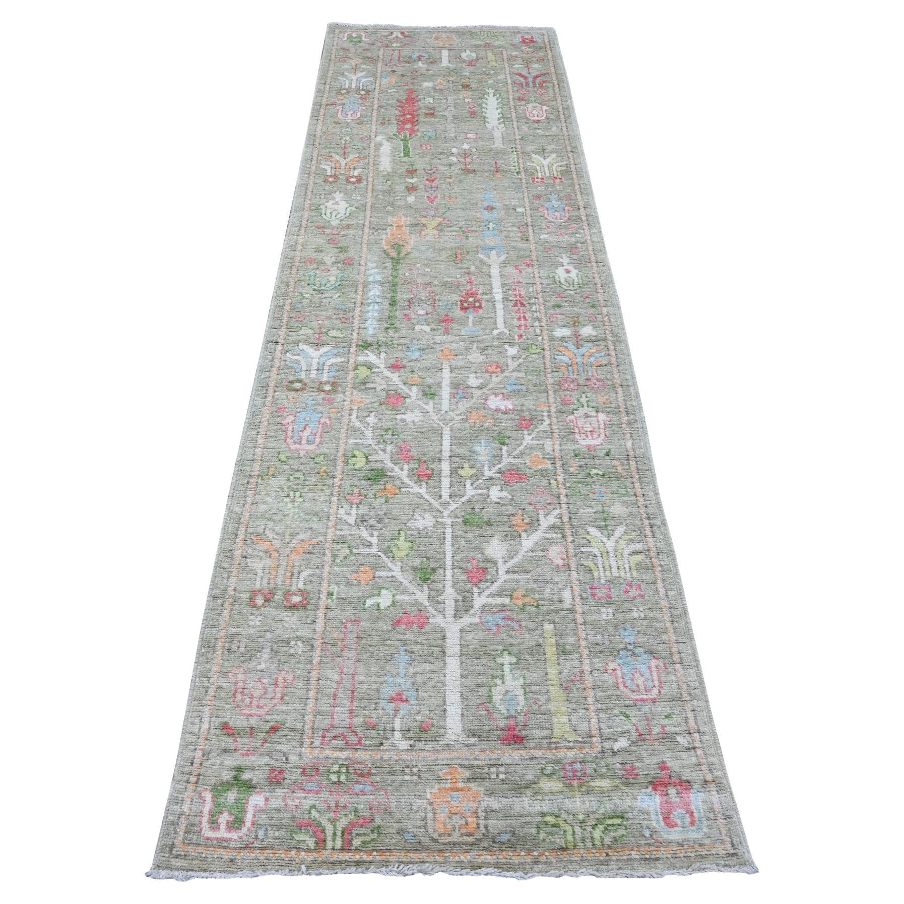 2'9 "x9'10" Grün Afghan Angora Oushak Baum Design Hand geknüpft Wolle Läufer Teppich