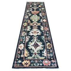2'9"x9'10" Licorice Black Wool Hand Knotted Angora Oushak Oriental Runner Rug