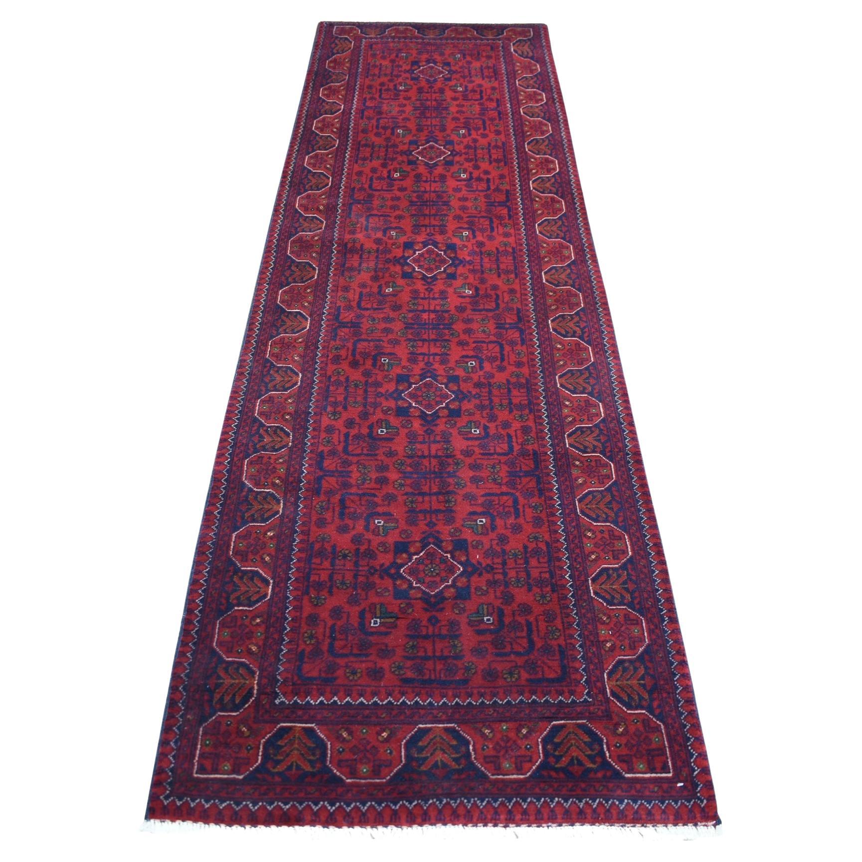 2'9 "x9'10" Tapis de course en laine afghane Khamyab à motifs tribaux noués à la main en rouge