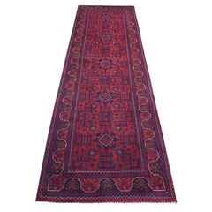 2'9 "x9'10" Tapis de course en laine afghane Khamyab à motifs tribaux noués à la main en rouge