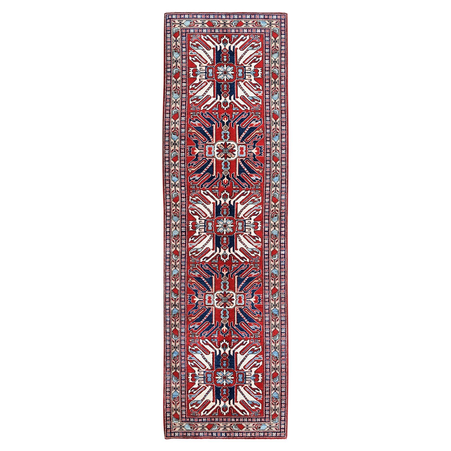 2'9"x9'10" Red Kazak Tribal Design Soft Wool Hand Knotted Runner Oriental Rug