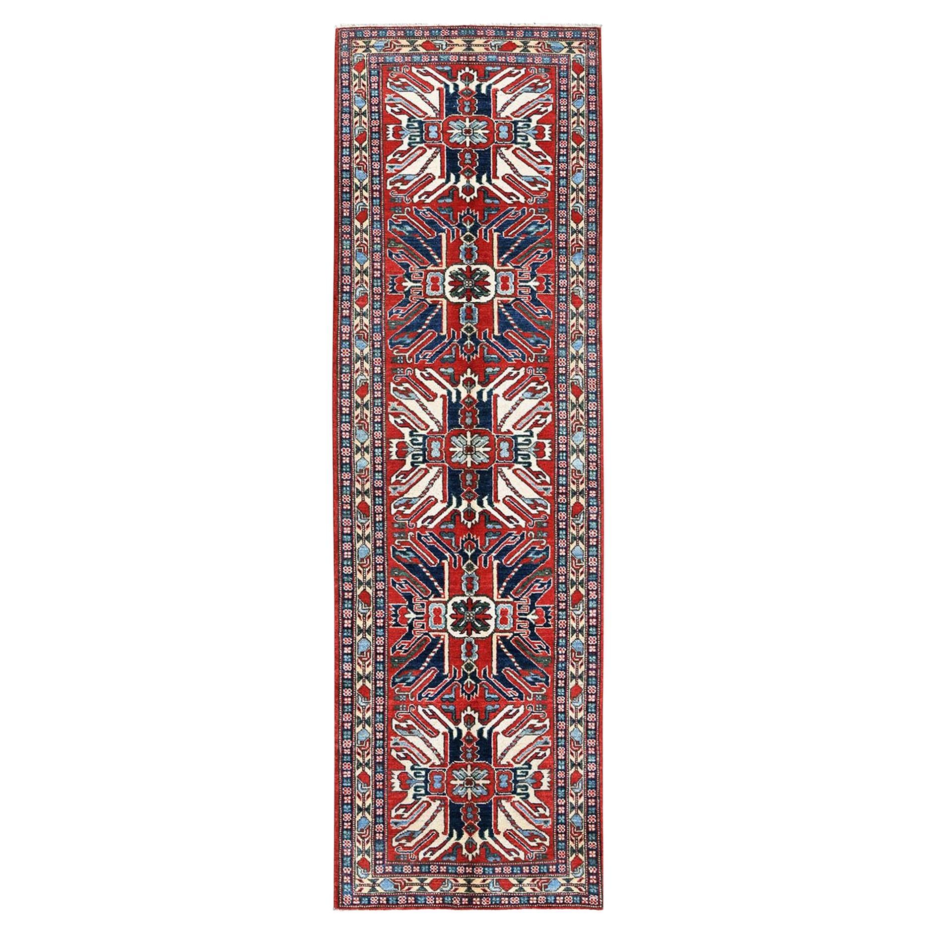2'9"x9'10" Red Kazak with Tribal Medallions Design Hand Knotted Wool Runner Rug