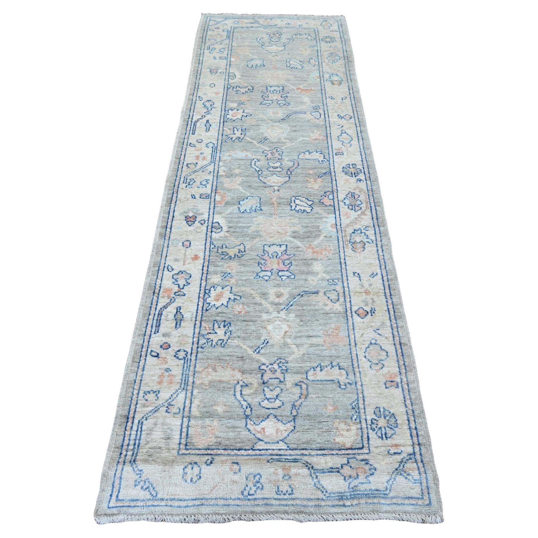 2'9 "x9'2" Gris Anudada a Mano Alfombra Corredera de Lana de Angora Afgana Oushak con Diseño Integral