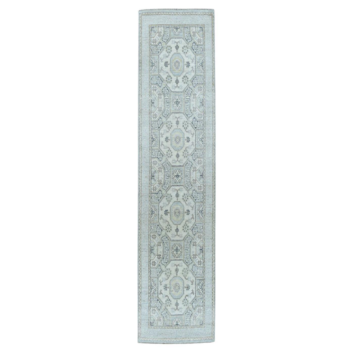 2'9"x9'2" White Wash Peshawar Pure Wool Hand-Knotted Runner Oriental Rug