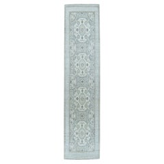 2'9"x9'2" Blanc Wash Peshawar Tapis de couloir oriental noué à la main