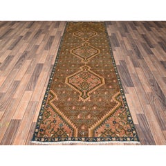 2'9"x9'5" Brown Even Wear Vintage Persian Hamadan Hand Knotted Wool Runner Rug