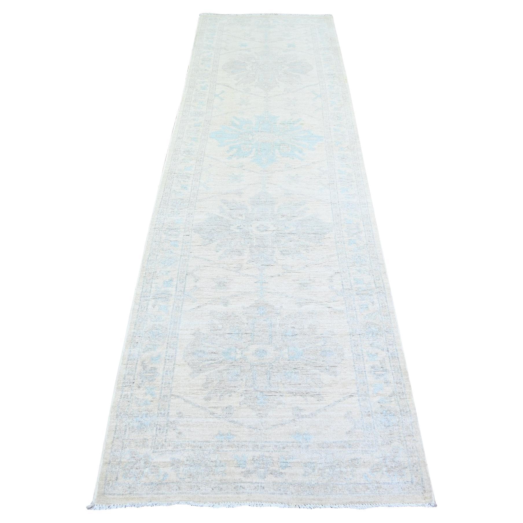 2'9"x9'5" Stone White Wool White Wash Peshawar Hand Knotted Runner Rug