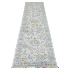 2'9"x9'5" White Afghan Angora Oushak Leaf Design Hand Knotted Wool Runner Rug