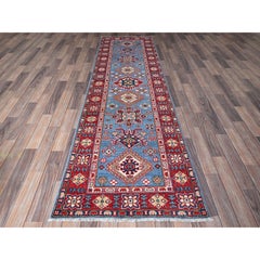 2'9"x9'6" Blue Kazak with Tribal Medallions Design Hand Knotted Wool Runner Rug
