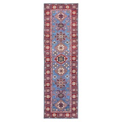 2'9 "x9'6" Tapis de course en laine nouée à la main Kazak bleu avec motifs de médaillons tribaux