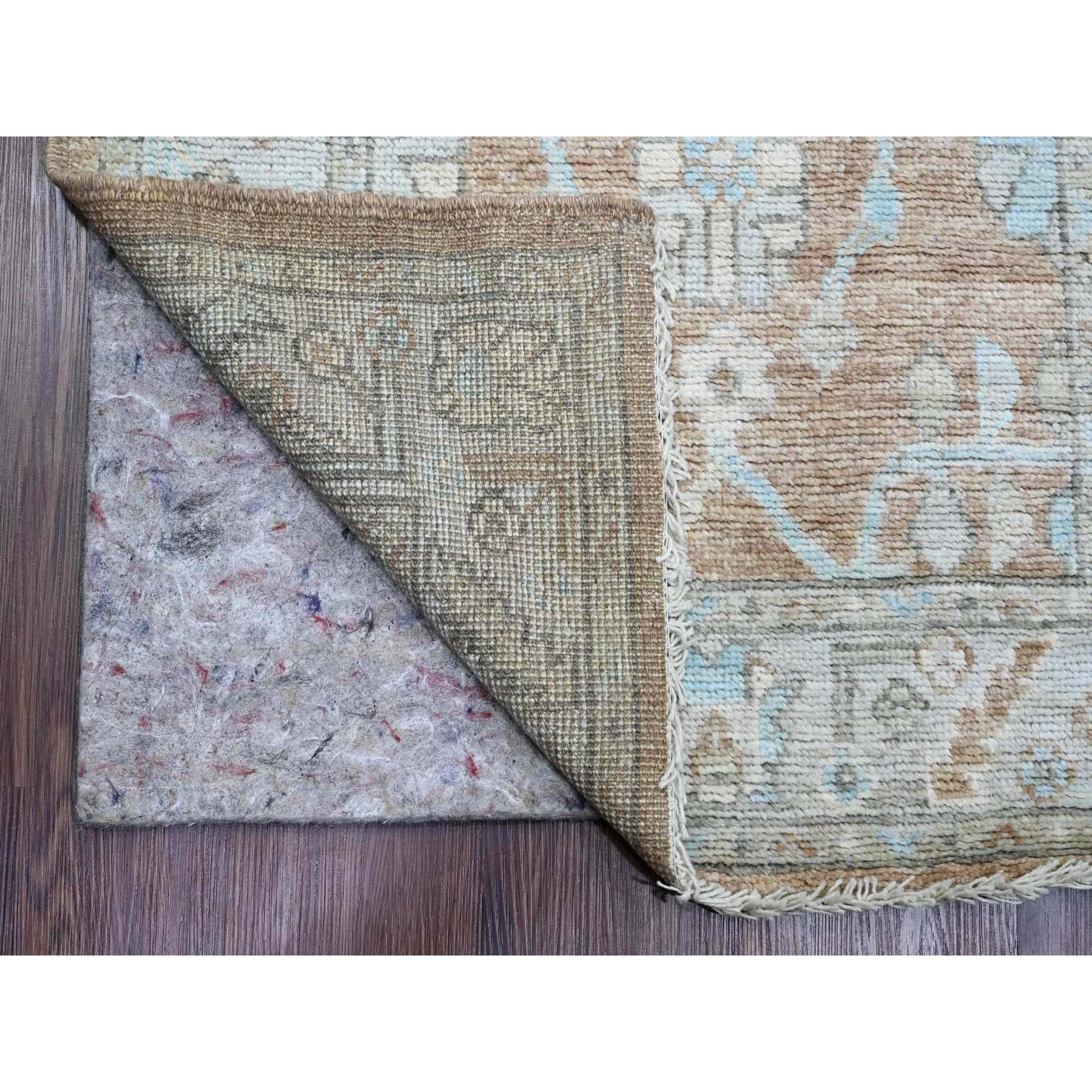 Almond Brown, Afghan Angora Oushak with All Over Leaf Design, Vegetable Dyes, Hand Knotted, 100% Wool, Runner, Oriental Rug
Primary materials: Wool
Latex: No Pile 
height: 0.25 Inches
Style: Transitional
Primary color: Brown
Secondary colors: Ivory,