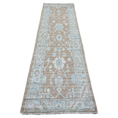 2'9"x9'6" Brown Afghan Angora Oushak Leaf Design Hand Knotted Wool Runner Rug