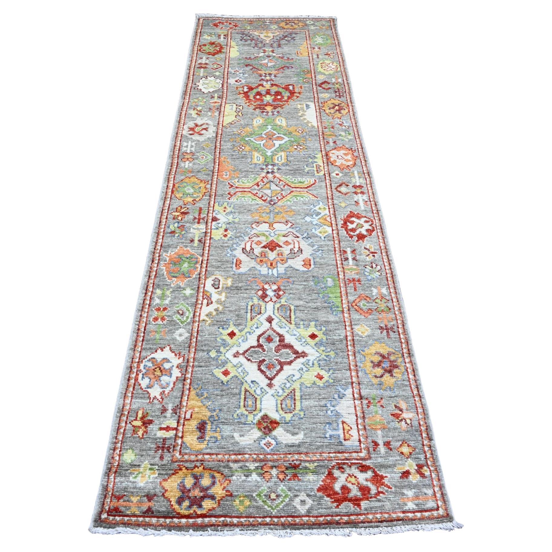 2'9"x9'6" Gray Afghan Angora Oushak Leaf Design Hand Knotted All Wool Runner Rug