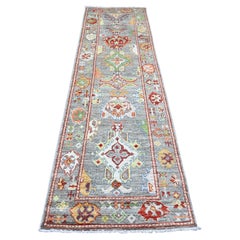 2'9"x9'6" Gray Afghan Angora Oushak Leaf Design Hand Knotted All Wool Runner Rug